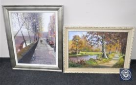A contemporary framed print, figures by a river,