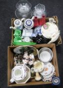 Two boxes of blue and white china, part Victorian tea service, teapots,