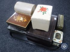 A tray containing vintage tins, Victorian rosewood jewellery box,