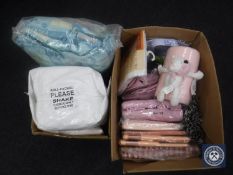 Two crates containing a quantity of brand new and still-sealed soft goods, curtains, bedding,
