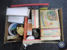 A box of vintage jigsaws, marble table lamp and shade,