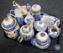 Spode blue and white china - toast rack, preserve pot,