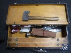 A pine joiner's tool box containing hand tools