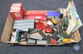 A box containing assorted Hornby rolling stock and track, Hornby 00 boxes, manuals,