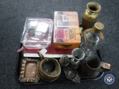 A tray of assorted metal ware, dimple whisky bottle, crowns, replica Roman coins,