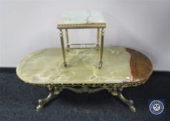 An oval gilt and onyx coffee table plus similar lamp table (2)