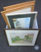 A crate containing seven assorted framed watercolours