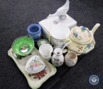 A tray of boxed Nao figure of a duck, Wedgwood Jasperware, Maling trinket dish and bowl,