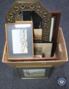 A box containing assorted pictures and prints, copper panel depicting vintage car,