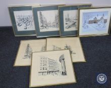 Six gilt framed black and white framed prints including scenes of Newcastle,