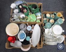 Three boxes of assorted china including Poole, Denby, Maling tea plates and saucers, teapots,