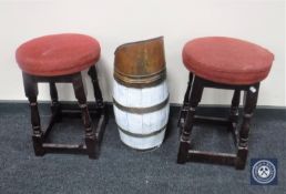 A pair of pub stools and a coopered oak coal receiver