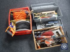 A wooden crate of vintage and later hand tools,