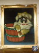 Twentieth Century School : Portrait of a dog sitting in a bucket, painting on fabric, 60 cm x 50 cm,