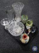A tray of glass ware including vases, decanter with stopper,