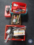 Three boxes, a tool box and a caddy containing hand tools, air compressor, site lights,