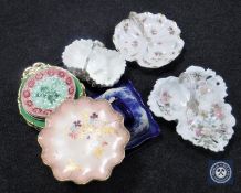 A tray of antique china, gilded comports, Majolica style plates, cheese dish and cover,
