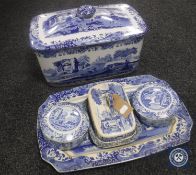 Five pieces of Spode blue and white china - bread crock, serving plate,