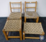 Two 20th century child's rush seated chairs and two stools (4)