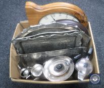 A box of 20th century plated wares and two wall clocks