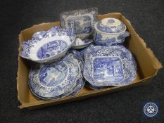 A box of eleven pieces of blue and white Spode china - tureens, bowls, cake stand,