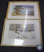 Two 20th century framed Norman Jackson watercolours depicting pheasants in a winter woodland and a