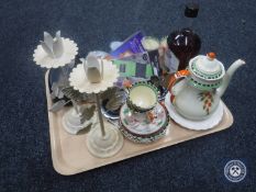 A tray of coffee china, silver plated condiments, Missoni sunglasses,