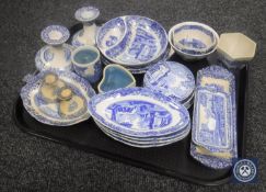 Spode blue and white china - shallow dishes, candlesticks, candle holders,