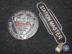 Two cast iron plaques - Triumph Motorcycles and Station Master