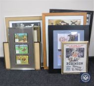 A box of eleven assorted framed pictures and prints including Marilyn Monroe and Beatles montages,