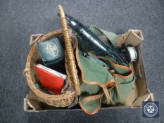 A box of fishing bag and creel, landing net, reels,