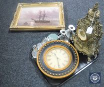 A tray of ornate brass battery operated mantel clock, pewter candlesticks, glass cruet set,