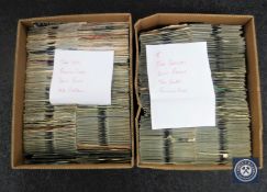 Two boxes containing 7" singles including Led Zeppelin, The Beatles, Rolling stones,