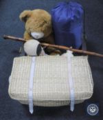 A box of mid 20th century dolls, teddy bears, sleeping bag,