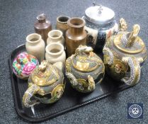 A tray of six antique bottles, Victorian biscuit barrel,