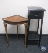 A painted oak plant stand and a corner table on claw and ball feet