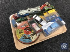 A tray of mid 20th century and later toys including Dinky and Corgi die cast vehicles,