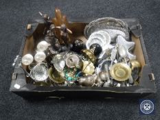 A box of metal ware, contemporary figures,