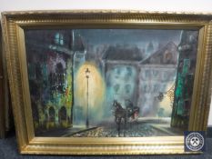 A gilt framed continental school painting of a horse and carriage,