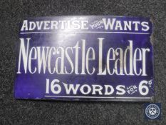 An early 20th century double sided enamel sign "Newcastle Leader"