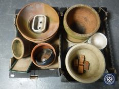 Two boxes containing assorted garden planters and pots