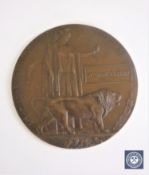 A World War One death plaque awarded to William Ainsley