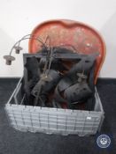 A box containing metal light fittings, oriental metal tray,