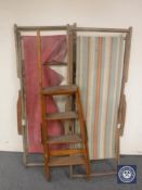 Two mid 20th century folding deck chairs and set of folding library steps