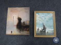 A gilt framed oil on canvas depicting ships at sea, indistinctly signed,