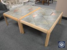 A pair of Danish beech framed tiled topped coffee tables