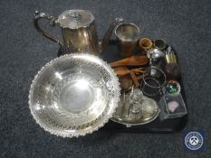 A tray containing a horn and silver plated beaker, silver plated teapot and comport, napkin rings,