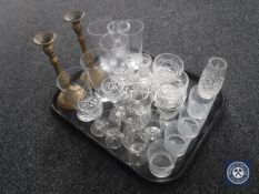 A tray of drinking glasses, etched tumblers,