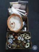 Three boxes of new bedding, metal ware, pottery wash basin, vases,
