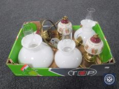 A box of china and brass hanging light fitting,